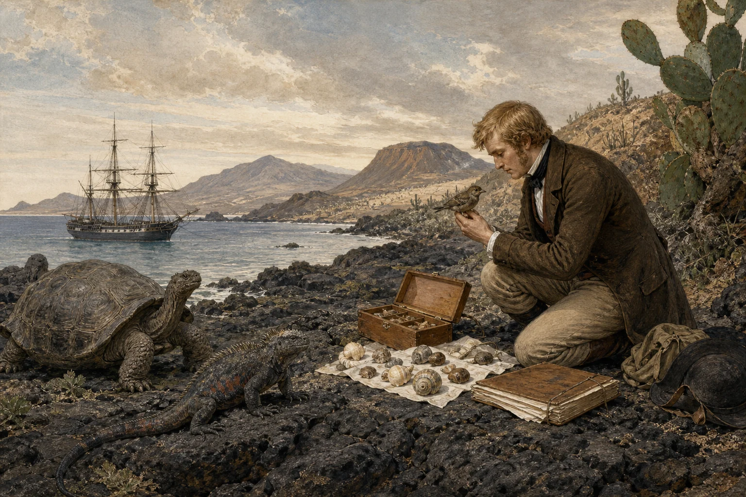 Young Darwin examining specimens on a volcanic Galápagos shore with HMS Beagle in the distance