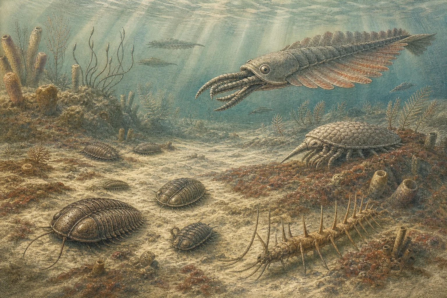 A hand-colored engraved reconstruction of a Cambrian seafloor with trilobites and other early animals