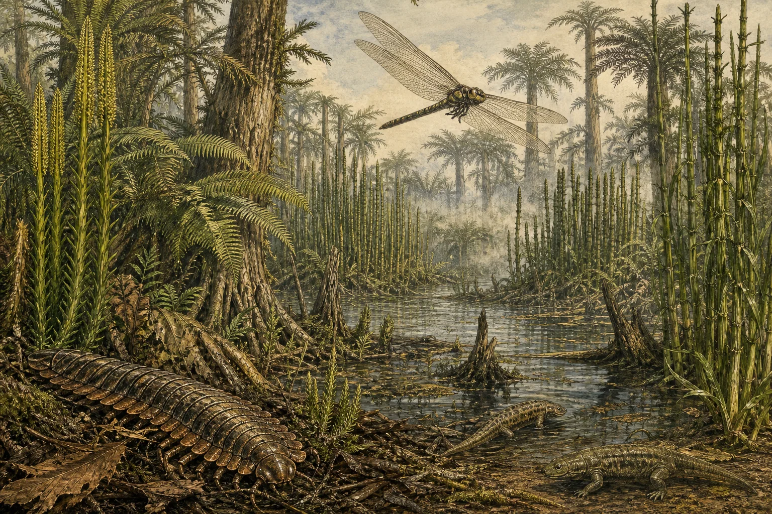 Giant lycopsids, Arthropleura, and Meganeura in a Carboniferous wetland