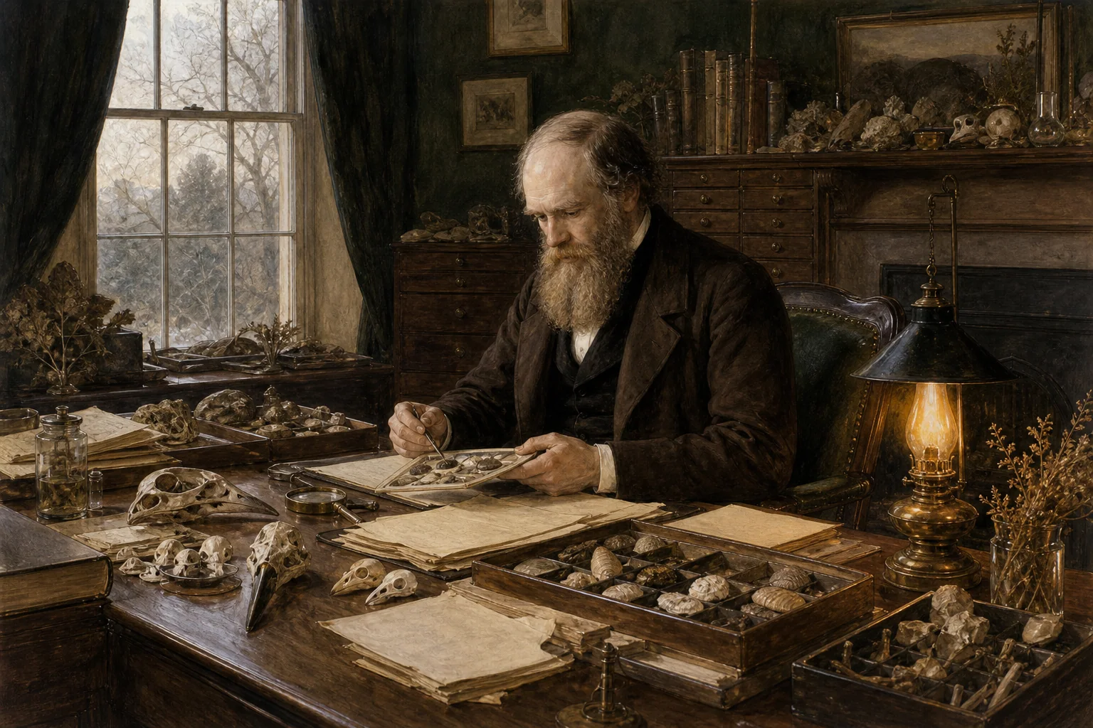 Darwin comparing fossils, specimens, and field notes in his Down House study
