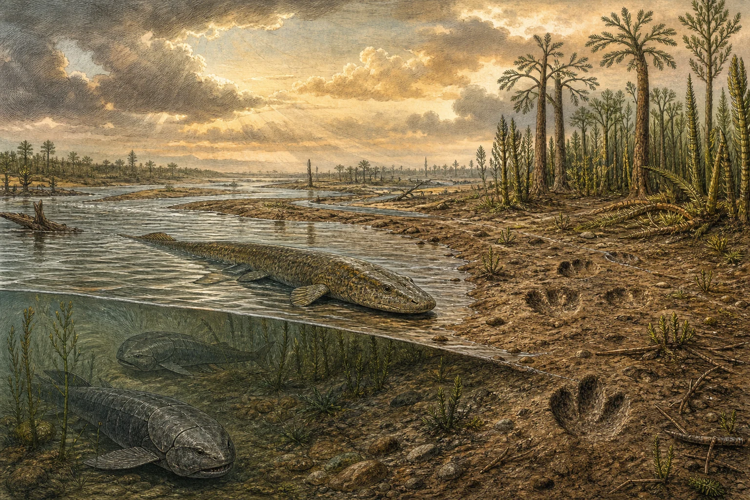 A Victorian-style reconstruction of a Devonian floodplain with lobe-finned fishes and early tetrapod tracks