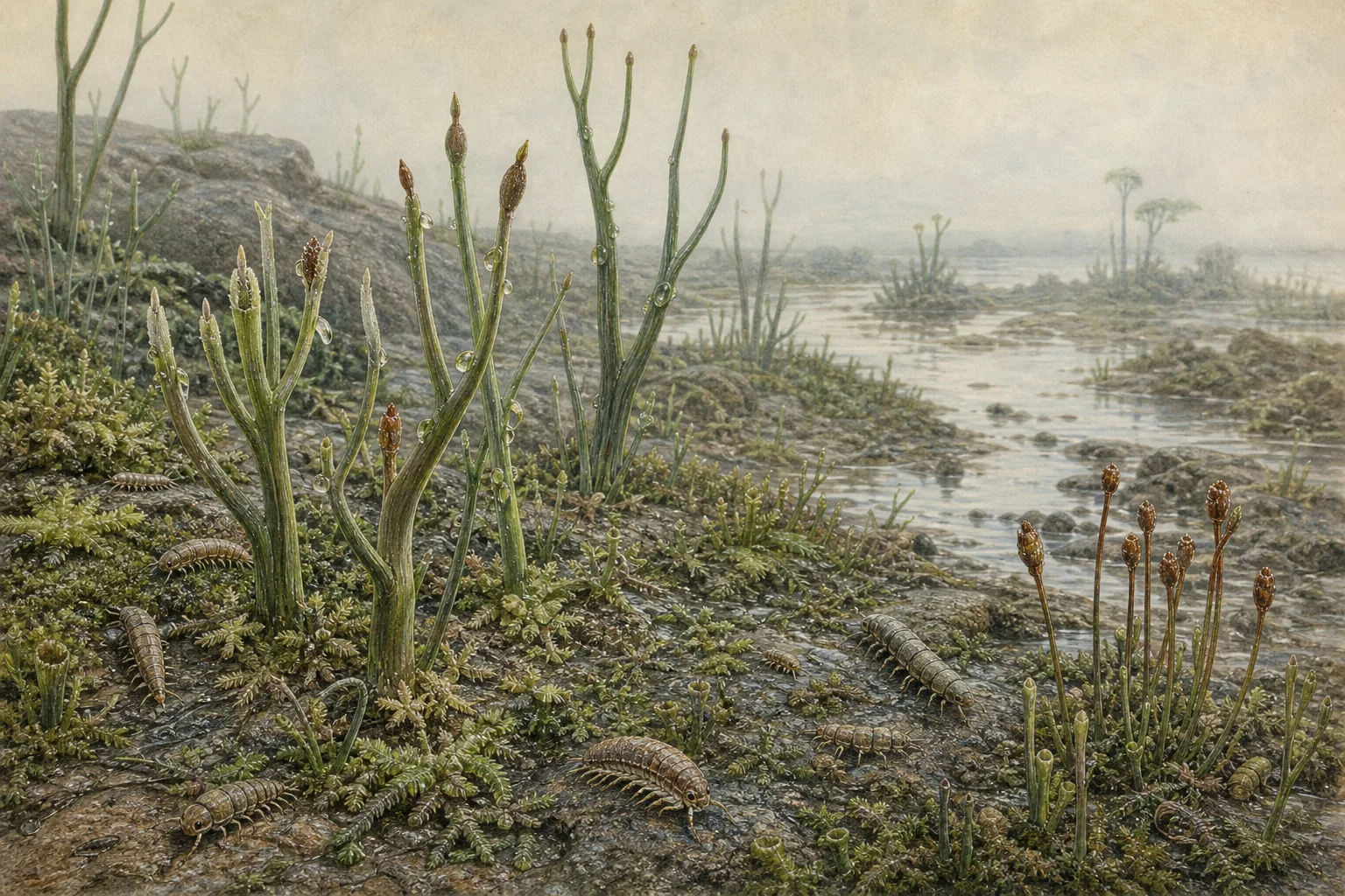Tiny early vascular plants and arthropods on a damp Silurian shore