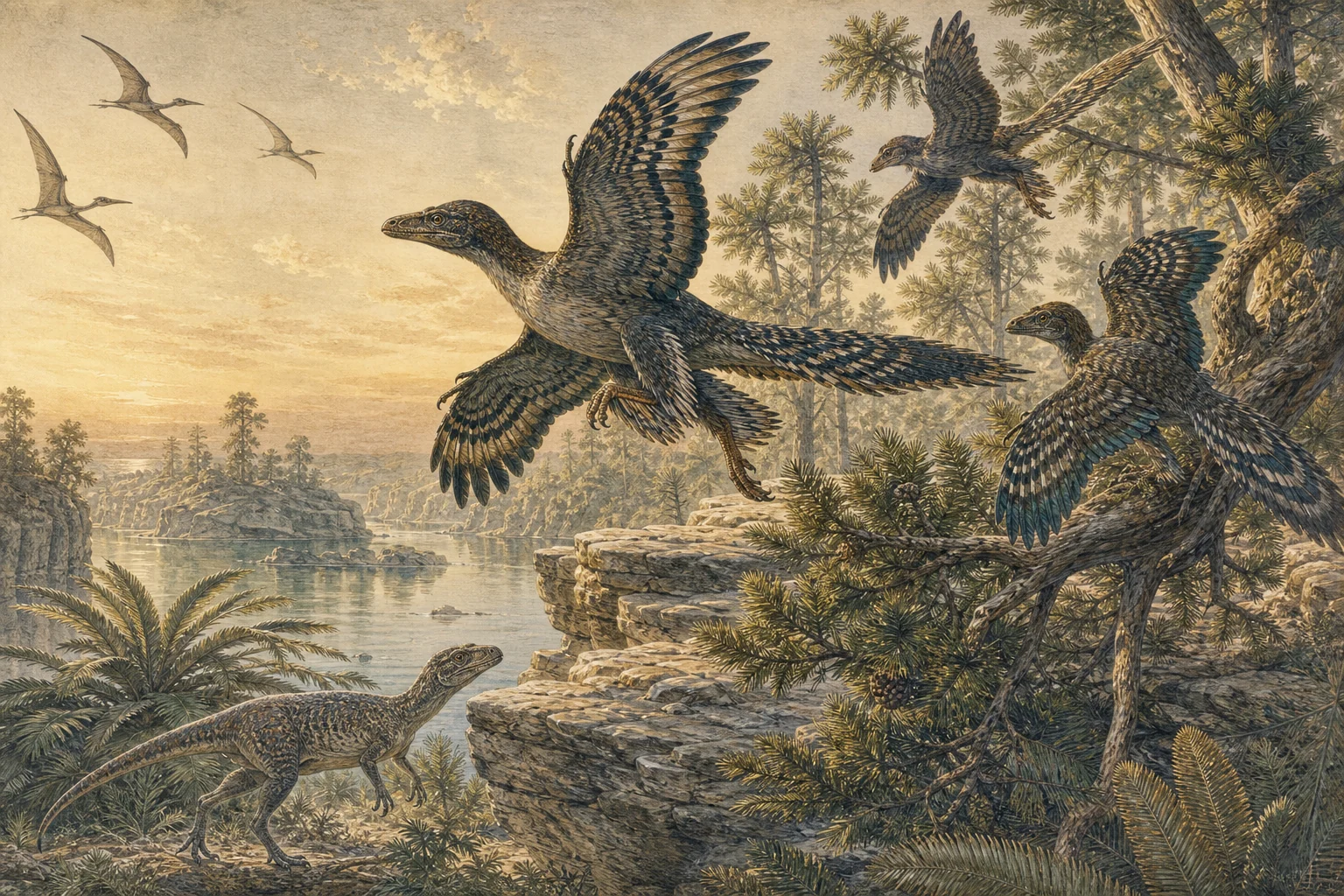 A hand-colored engraving of feathered dinosaurs in a Late Jurassic lagoon forest