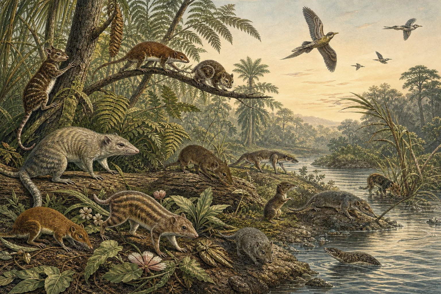 Small archaic mammals and birds diversifying beside an early Paleogene river